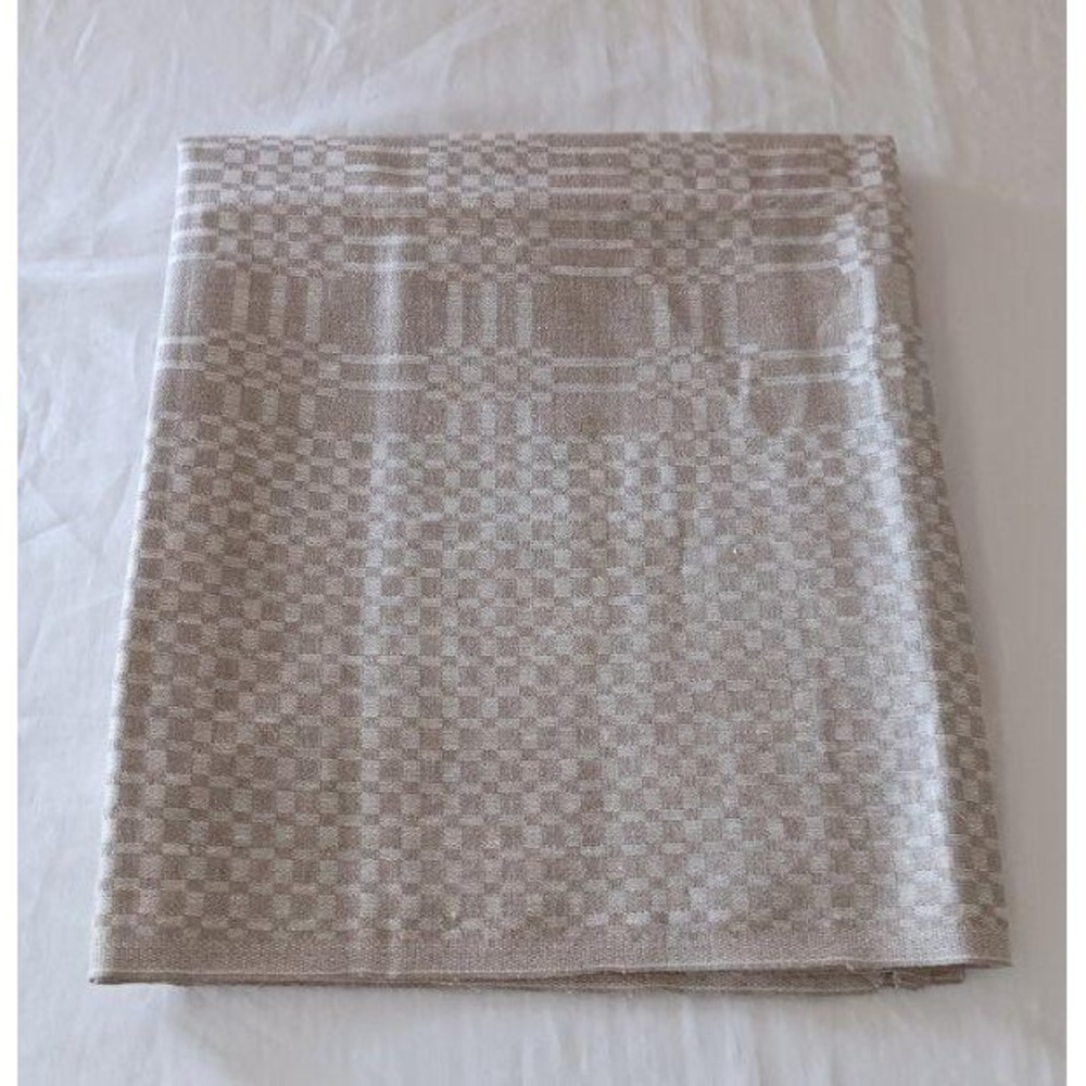 Vintage French Linen Tablecloth Ecru Ivory Woven Plaid Tablecloth 76"